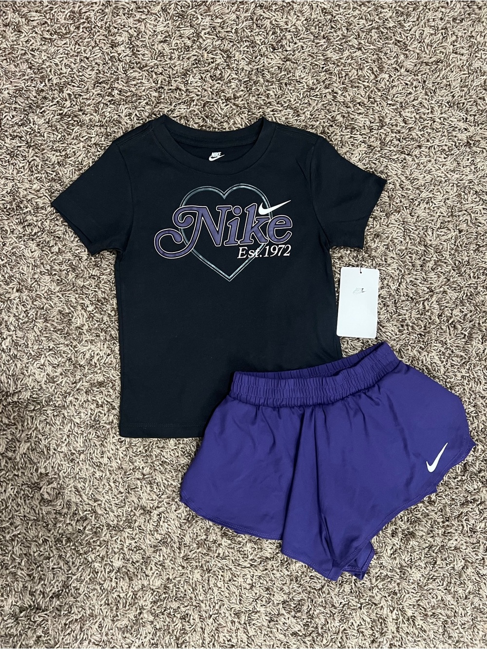 Nike Girls Black Graphic T-Shirt & Purple Running Shorts 2-Piece Outfit Set